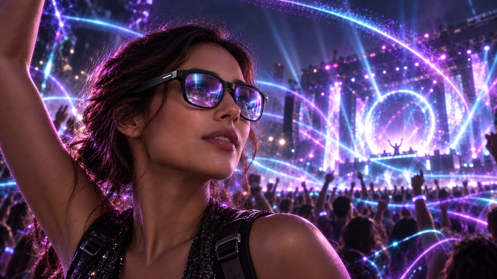 A woman wearing Ravium™ at a festival, arm raised, as violet and cyan light traces the music across the crowd and stage