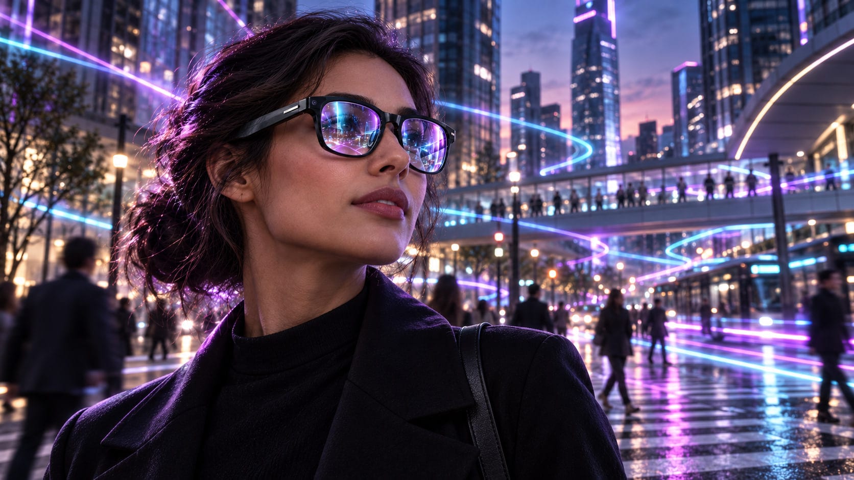 Motion RM: ribbons of light following movement through a city plaza at dusk