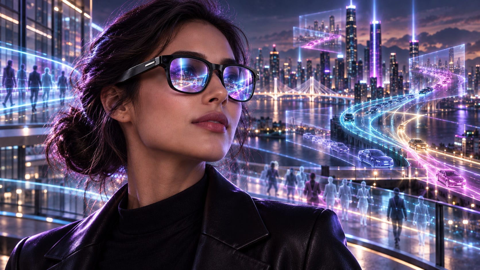 Temporal Precog: a night city where cars and people carry luminous projections of where they are heading